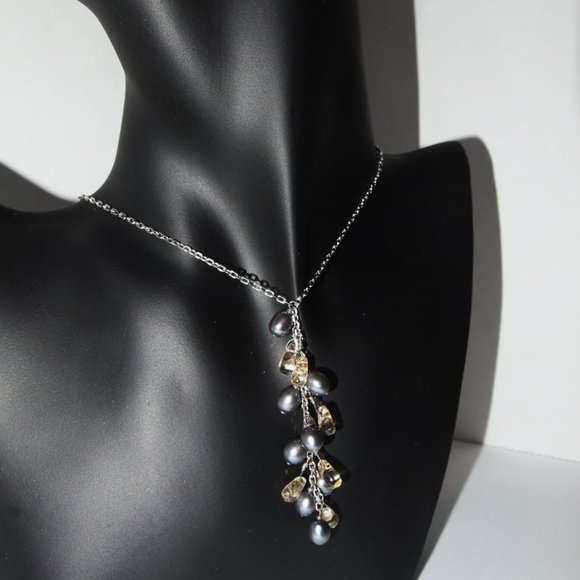 Genuine Black Fresh-Water Pearl's & Yellow Crystal's 16 Necklace .925 Silver - Picture 3 of 4